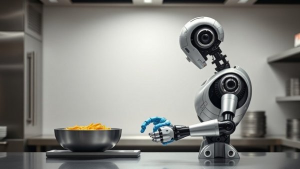 Futuristic kitchen robot in meal preparation for nonprofits in a minimalist setting.