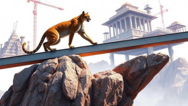 Surreal architecture with puma and temple, AI in IVF technology imagining transformation.