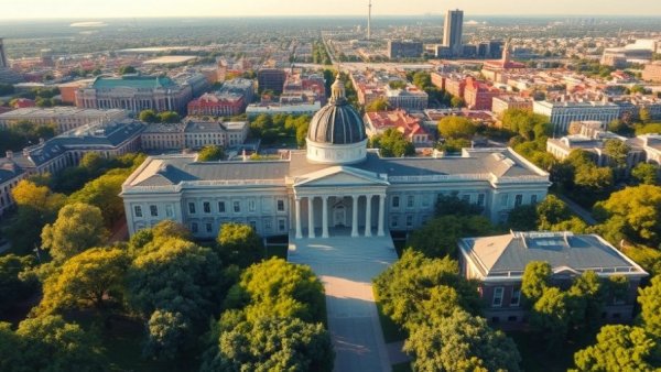 Aerial view of academic buildings in Massachusetts campus.