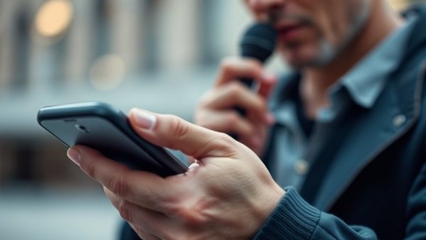 Person using smartphone for voice transcription in soft focus background.