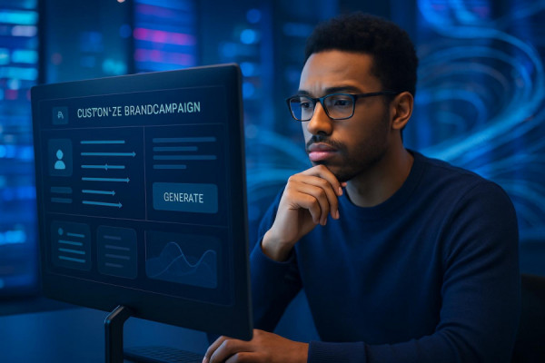 sleek AI interface, thoughtful expression, customizing a brand campaign, photorealistic, modern tech hub with vibrant LED panels, highly detailed, swirling data streams, 12k resolution, deep blue, soft ambient lighting, shot with a Sony G Master 85mm f/1.4 lens