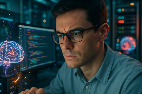 training AI, focused expression, learning new algorithms, photorealistic, in a modern laboratory filled with AI models and servers, highly detailed, electric sparks and screen reflections, crisp surreal highlights, vivid gradients, soft diffused lighting, shot with a macro lens.