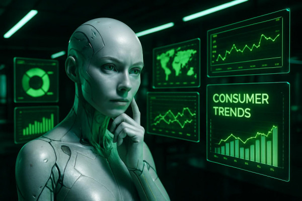 intelligent AI avatar, inquisitive expression, analyzing consumer trends, photorealistic, futuristic marketing lab with floating screens, highly detailed, interactive digital charts, ultra HD resolution, neon green, sharp overhead lighting, shot with a Nikon NIKKOR Z 50mm f/1.2 S lens