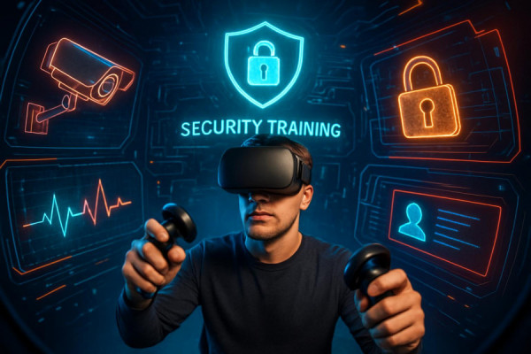 AI in security training, composed expression, demonstrating proactive measures, photorealistic, in a virtual reality environment with immersive graphic interfaces, highly detailed, interactive 3D holograms, vibrant and contrasting hues, focused spotlighting, shot with a fisheye lens.