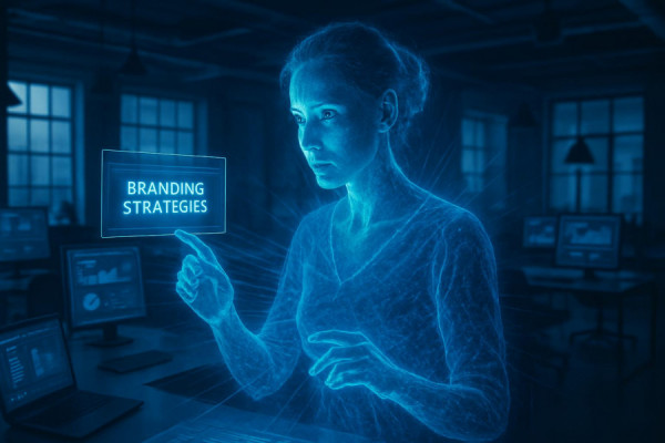 dynamic AI hologram, analytical expression, formulating branding strategies, photorealistic, spacious creative studio with virtual desktops, highly detailed, pulsating light beams, 10k resolution, electric blue, diffused mood lighting, shot with a Fuji XF 16-55mm f/2.8 lens