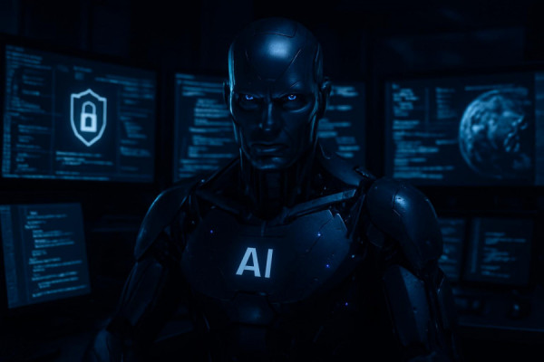 cybersecurity AI, determined expression, protecting sensitive information, photorealistic, at the forefront of a darkened command center, highly detailed, multiple monitor glow and live feed reflections, deep blues and blacks, sharp low-key lighting, shot with a 50mm prime lens.