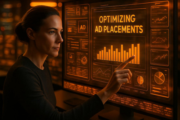 advanced AI interface, determined expression, optimizing ad placements, photorealistic, digital marketing control room with touch interfaces, highly detailed, scrolling ticker display, 10k resolution, vibrant orange, soft focused lighting, shot with a Leica Summilux-SL 50mm f/1.4 lens