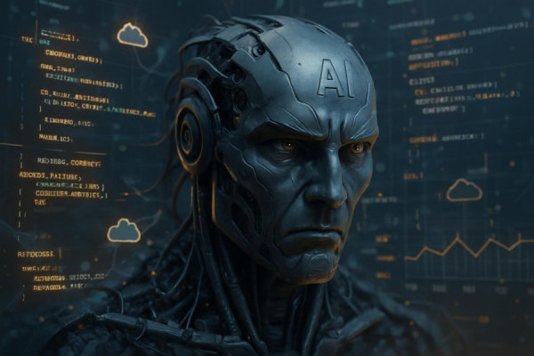 advanced AI security system module, intense expression, integrating new protocols, photorealistic, amidst a cloud network interface with real-time analytics, highly detailed, floating lines of code, bright accents in a muted palette, soft ambient illumination, shot with a zoom lens.
