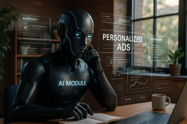 innovative AI module, thoughtful expression, crafting personalized ads, photorealistic, cosy startup office with augmented reality texts, highly detailed, interactive user interface, 16k resolution, sleek black, natural window lighting, shot with a Sigma 35mm f/1.2 DG DN lens