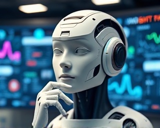 sophisticated AI branding entity, contemplative expression, simulating product launches, photorealistic, tech-integrated workspace with dynamic displays, highly detailed, fluctuating energy waves, 12k resolution, pure white, dynamic key lighting, shot with a Pentax HD 28-105mm f/3.5-5.6 lens