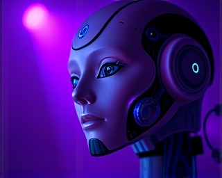 versatile AI agent, engaged expression, customizing user experiences, photorealistic, immersive digital arena with interactive platform, highly detailed, moving network lines, ultra HD resolution, gradient purple, theatrical spotlight, shot with a Zeiss Otus 55mm f/1.4 APO lens