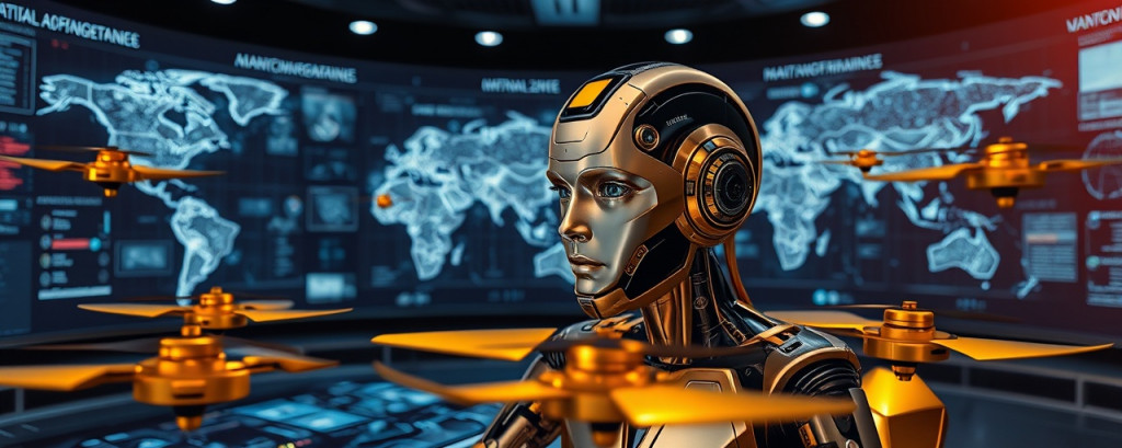 AI in defense strategy, calculating expression, optimizing defense algorithms, photorealistic, in a strategic operations studio surrounded by digital maps and AI nodes, highly detailed, rotating holographic drones, sharp contrast with dominant gold and silver, controlled directional lighting, shot with a panoramic lens.