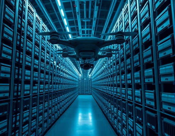 vast AI archive, intriguing, an autonomous drone sorting files, photorealistic, massive underground vault with endless rows of data storage, highly detailed, robotic arms precisely managing archives, 12K detail, cool grey and electric blue hues, artificial light with subtle shadows, shot with a macro lens.