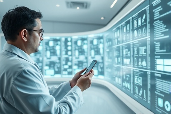 organized AI catalog, focused, a scientist interacting with a virtual console, photorealistic, minimalist white room filled with holographic displays, highly detailed, constantly updating digital catalog, high resolution, monochrome with hints of digital green, soft diffuse lighting, shot with a tilt-shift lens.