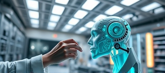 innovative AI design, focused, crafting, photorealistic, within a high-tech design studio with smart interfaces, highly detailed, holographic designs being manipulated, sharp contours, sleek silver and turquoise, cool LED ceiling lights, shot with a Sony FE 24-70mm f/2.8 GM lens.