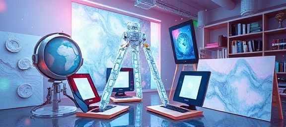 imaginative AI creativity, inspired, exploring, photorealistic, in a virtual reality workspace with digital canvases, highly detailed, interactive elements adapting to user input, complex textures, luminous pastel colors, immersive natural light, shot with a Nikon AF-S NIKKOR 85mm f/1.4G lens.