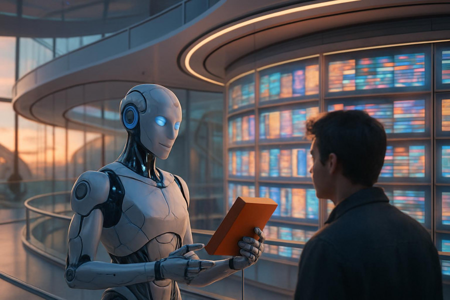 futuristic AI library, contemplative, an AI librarian offering book recommendations, photorealistic, sleek architectural design with curved glass walls and open spaces, highly detailed, digital shelves with constant fluxing content, ultra-high definition, soft pastel colors, warm sunset lighting, shot with a telephoto lens.
