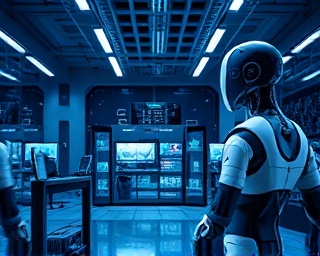 futuristic AI implementation, determined, streamlining processes, photorealistic, a sleek office filled with robotic assistants and data dashboards, highly detailed, constant data flow, crystal-clear image quality, metallic blue, diffused lighting, shot with a 50mm camera lens.