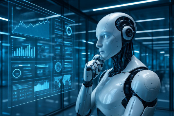 cutting-edge AI technology, curious, evaluating, photorealistic, in an ultra-modern research facility with glass walls, highly detailed, digital readouts and floating data, sleek complex reflections, electric blue and white, cool fluorescent lighting, shot with a Zeiss Otus 28mm f/1.4 lens.