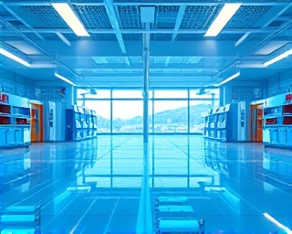 cutting-edge AI vision, insightful, envisioning future scenarios, photorealistic, a high-tech research facility with interactive digital maps, highly detailed, information overlays, smooth focus pulls, electric blue, natural daylight streaming, shot with a wide-angle camera lens.