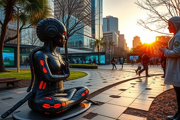 avant-garde AI art installation, meditative, evolving, photorealistic, in an outdoor urban park surrounded by innovation pavilions, highly detailed, kinetic sculptures reacting to viewers, vivid contrasting colors, soft golden hour lighting, shot with a Sigma 14-24mm f/2.8 DG HSM Art lens.