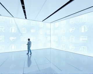 state-of-the-art AI design interface, determined, optimizing, photorealistic, at a digital creators' hub with interactive panels, highly detailed, synchronized projections responding to gestures, minimalist aesthetics, pure white and ocean blue, harsh angular lighting, shot with a Fujifilm XF 16-55mm f/2.8 R LM WR lens.