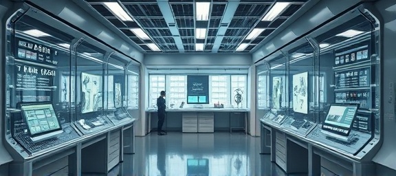 innovative vision planning, visionary, exploring projected outcomes, photorealistic, futuristic laboratory with transparent displays around, highly detailed, seamless integration, hi-fidelity capture, titanium gray, under soft LED lighting, shot with a macro camera lens.