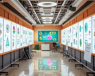 conceptual AI creativity lab, playful, generating, photorealistic, in a collaborative space filled with digital whiteboards, highly detailed, swirling animations creating patterns, dynamic geometric shapes, primary colors mixed with earth tones, soft ambient glow, shot with a Pentax D FA 24-70mm f/2.8ED SDM WR lens.