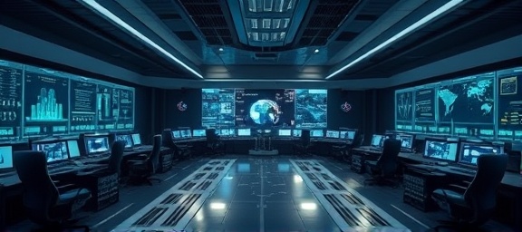 technology vision advancement, confident, pioneering new pathways, photorealistic, advanced control room with virtual control panels, highly detailed, rapid digital transitions, 8k definition, cyanish hues, ambient spotlights, shot with a macro camera lens.