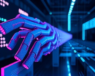 groundbreaking AI innovation simulation, thoughtful, simulating, photorealistic, in a virtual engineering environment with adaptive designs, highly detailed, flowing holographic data streams, oscillating forms and shadows, cybernetic tones, futuristic LED strips, shot with a Sigma 135mm f/1.8 DG HSM Art lens.