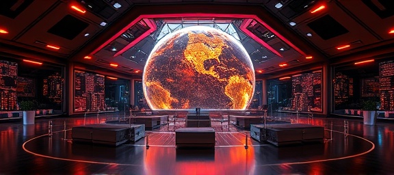 holistic AI vision planning, strategic, mapping comprehensive approaches, photorealistic, comprehensive data center with holographic planetarium, highly detailed, immersive 3D graphics, impeccable resolution, vibrant orange, ambient low light, shot with a 24mm camera lens.