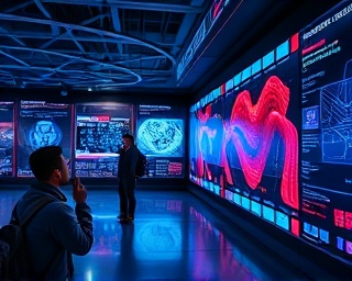 next-gen AI technology spectrum, intrigued, discovering, photorealistic, within an AI-driven exhibition hall with tech showcases, highly detailed, multidimensional screens displaying algorithms, vibrant AI-generated visuals, digital blue and vibrant red accents, balanced spotlighting, shot with a Canon RF 24-70mm f/2.8L IS USM lens.