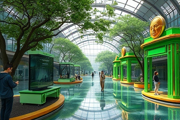 visionary AI future, determined, blueprint of next-gen AI, photorealistic, serene park with futuristic installations, highly detailed, interactive public displays, fine detail rendering, green and gold color scheme, diffused natural light, captured with a portrait lens.