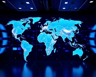 expansive AI growth, hopeful, mapping global AI distribution, photorealistic, digital map room with virtual screens, highly detailed, interactive globe display, impeccable detail, vibrant blues and silvers, soft ambient lighting, shot with a tilt-shift lens.