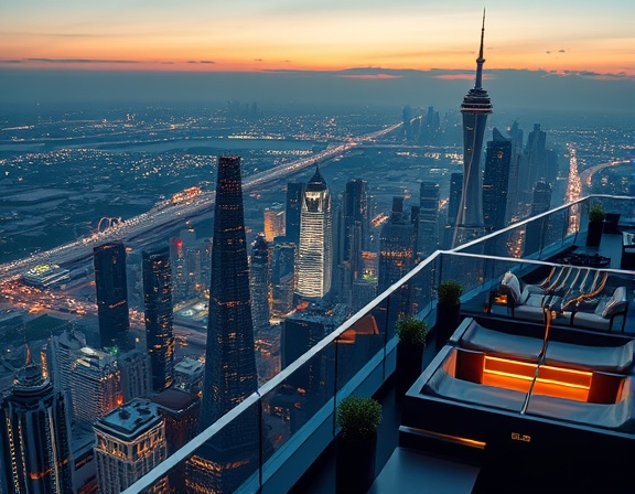 entrepreneurial growth innovation, spirited, pitching futuristic solutions, photorealistic, rooftop terrace with skyline views, highly detailed, dynamic city lights, clear resolution, cool metallic shades, ambient twilight, shot with a zoom lens.