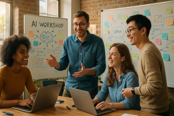 Engaging AI Workshops, collaborative expression, brainstorming ideas, photorealistic, co-working space with whiteboards and laptops, highly detailed, dynamic team interactions, 4K resolution, vibrant colors, diffuse sunlight through windows, shot with a 35mm lens.