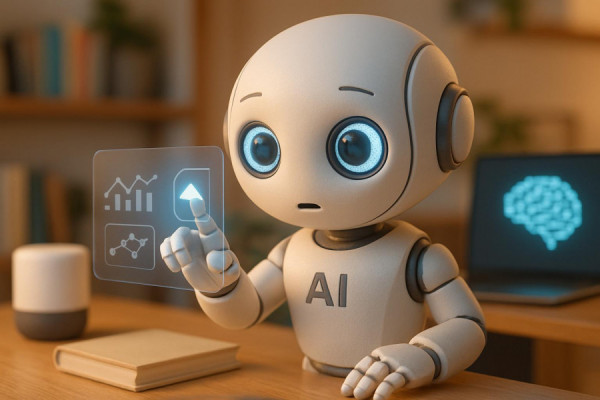 Focused AI Learning, curious expression, interacting with digital interfaces, photorealistic, home office setting with AI devices and books, highly detailed, subtle motion, crisp detail, pastel colors, ambient warm lighting, shot with a macro lens.