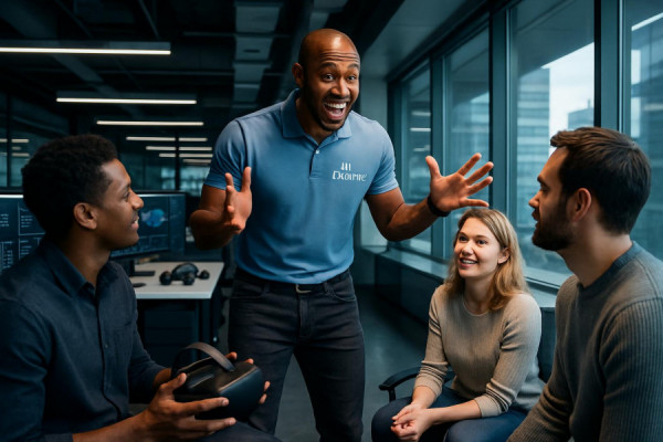 Dynamic AI Coaching, encouraging expression, guiding a group, photorealistic, high-tech office environment with virtual reality tools, highly detailed, mentor-mentee engagement, HDR quality, bold contrasts, soft studio lighting, shot with a 24mm lens.