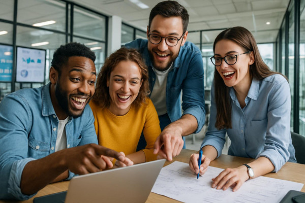 Collaborative AI Training, enthusiastic expression, teams problem-solving, photorealistic, open-space innovation lab with digital displays, highly detailed, animated teamwork, ultra-high definition, bright tones, natural daylight from glass walls, shot with a 28mm lens.