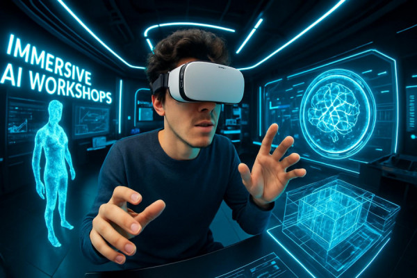 Immersive AI Workshops, inquisitive expression, engaging in virtual reality, photorealistic, futuristic training room with holograms, highly detailed, mixed reality elements, 8K resolution, neon accents, sharp LED lighting, shot with a fisheye lens.
