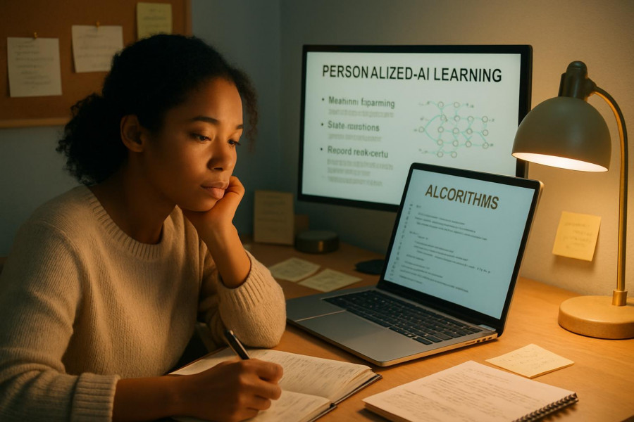 Personalized AI Learning, reflective expression, studying algorithms, photorealistic, cozy study nook with monitors and notes, highly detailed, adaptive learning environment, pristine clarity, soothing pastels, intimate desk lamp lighting, shot with a 100mm lens.