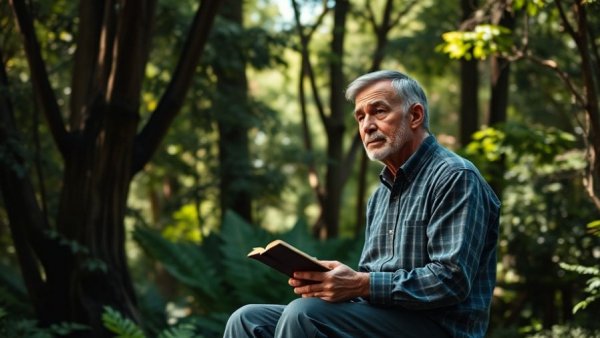 Contemplative man in wooded garden with natural light filtering.