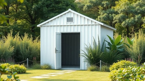 Corrugated metal building with open door in a garden.