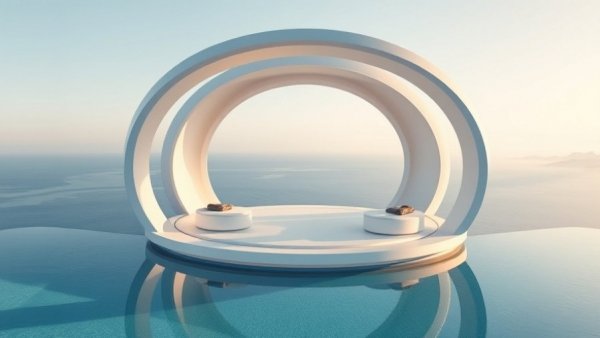 Modern luxury lounge with circular design by ocean, enhancing brand value.