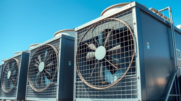 Industrial cooling units under clear sky for data centers.