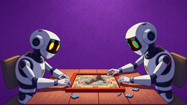 Humanoid robots at a table, one confused, playing a board game.