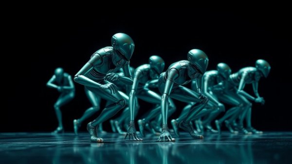 Metallic humanoid race figures in futuristic AI competition.