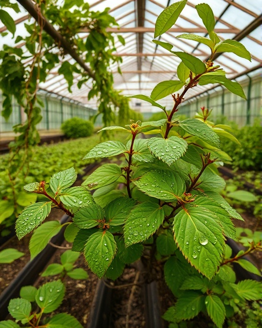 vibrant plantrescue, careful, nurturing, photorealistic, abandoned greenhouse with creeping vines, highly detailed, droplets on leaves and faint rust, clear definition, vivid greens with rusty undertones, soft morning light, shot with a wide-angle lens.