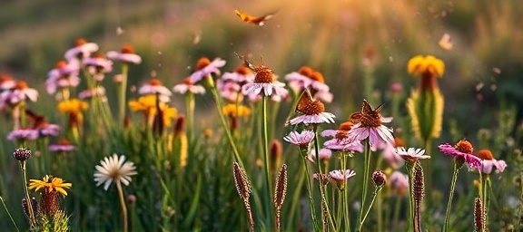 blooming plantrestoration, optimistic, thriving, photorealistic, meadow reclaiming a once barren landscape, highly detailed, butterflies fluttering around, high contrast, diverse floral colors, golden hour light, shot with a 85mm lens.