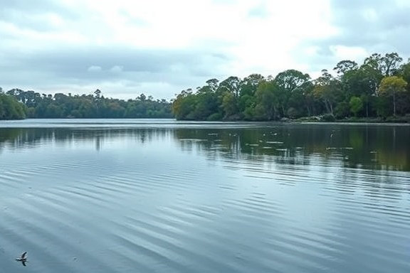 pristine nativeflora, serene, spreading, photorealistic, tranquil lake with reflections of sky and trees, highly detailed, rippling water surface and distant birds, high resolution, soft blues and greens, overcast ambient light, shot with a telephoto lens.